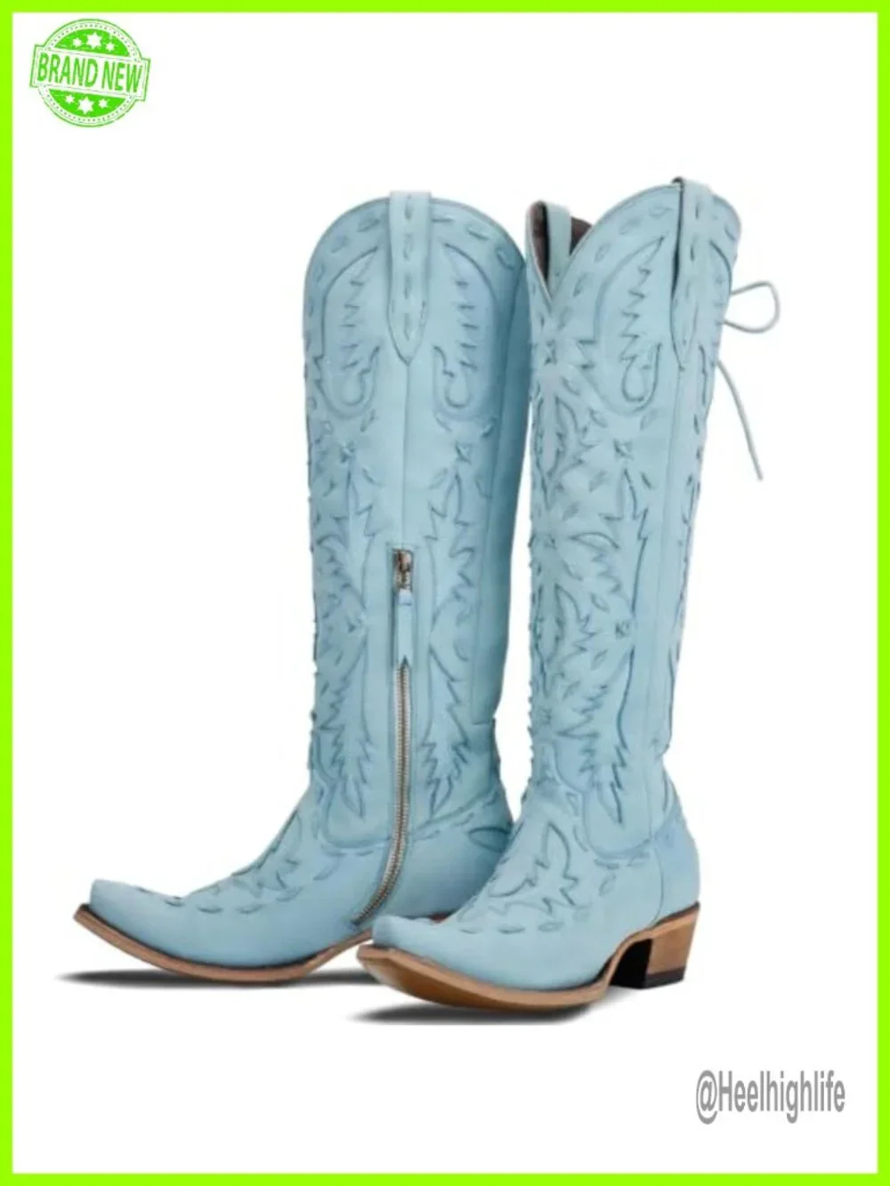 Women's Knee High Cowgirl Boots Pointed Toe Embroidered Side Zipper Lace Up